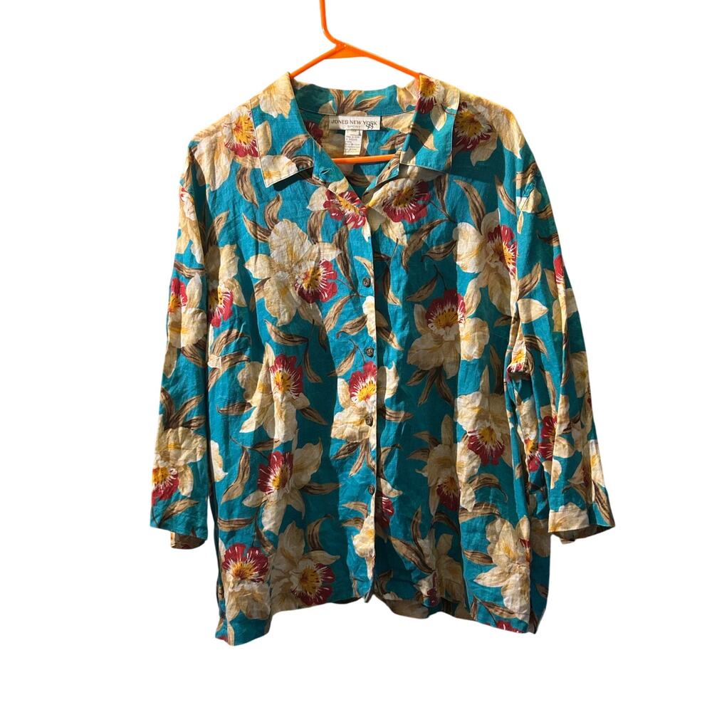 Jones New York Sport button up Linen Hawaiian shirt 3X Beachy travel tropical - Picture 2 of 6